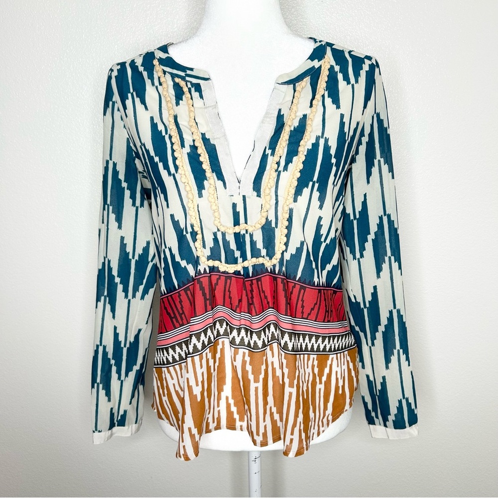 Anthropologie Maeve Womens Rihanna Tribal V-Neck Long Sleeve Boho Top Size 2